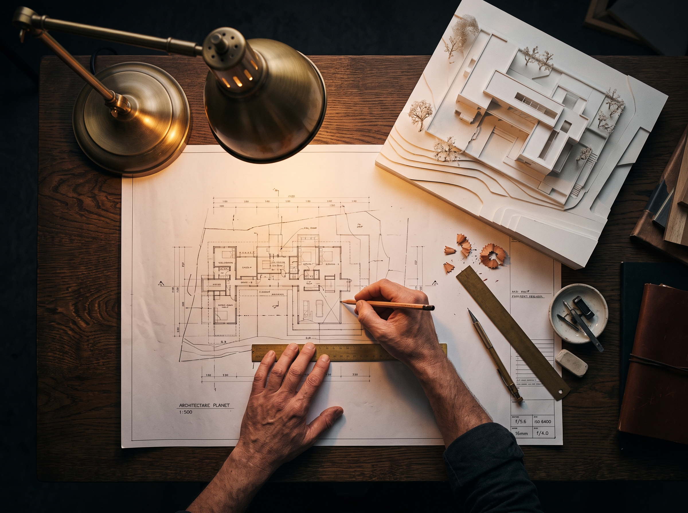 Plans d'architecture et maquette sur le bureau du cabinet Lentz