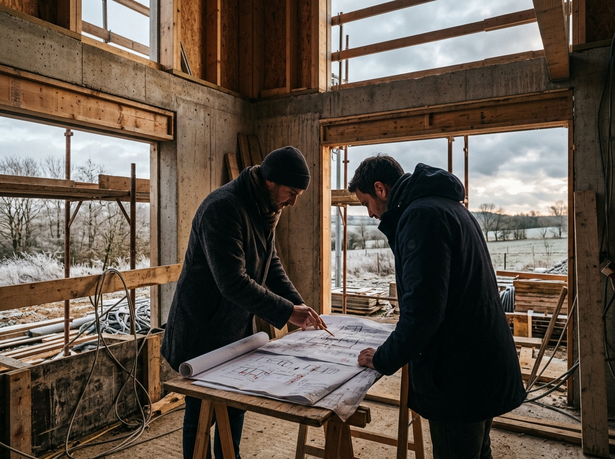 Architectes sur un chantier examinant des plans