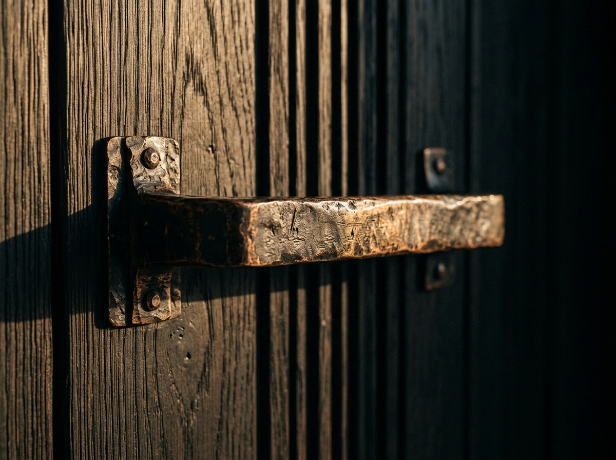 Détail de poignée en laiton sur porte en chêne