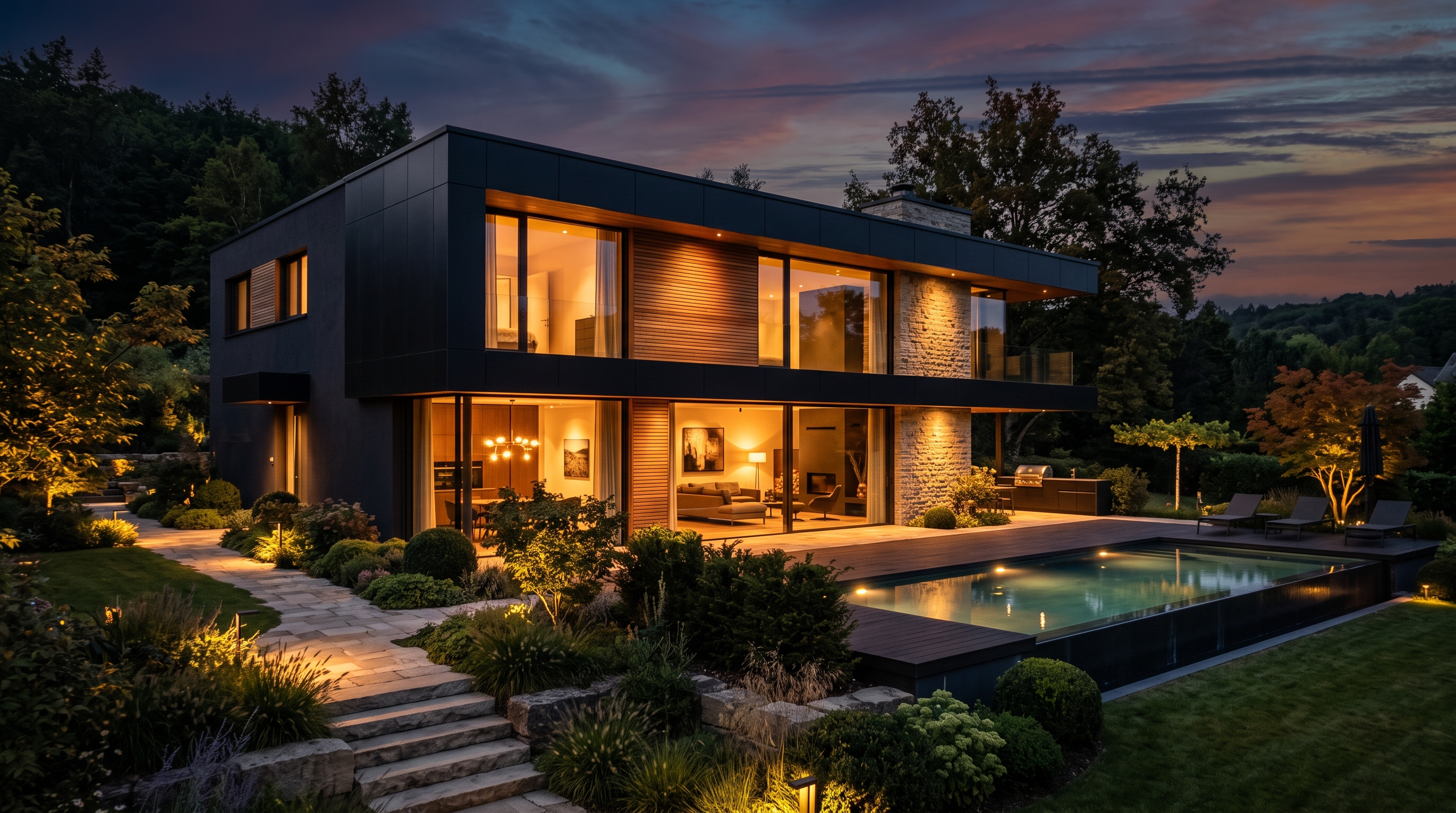 Villa contemporaine rénovée par Lentz Architectes à Luxembourg, vue au crépuscule