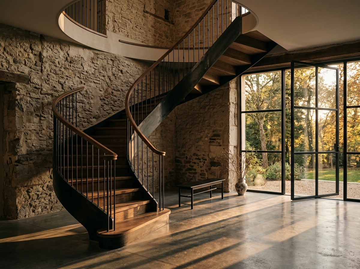 Escalier sculptural en bois et acier dans un intérieur rénové