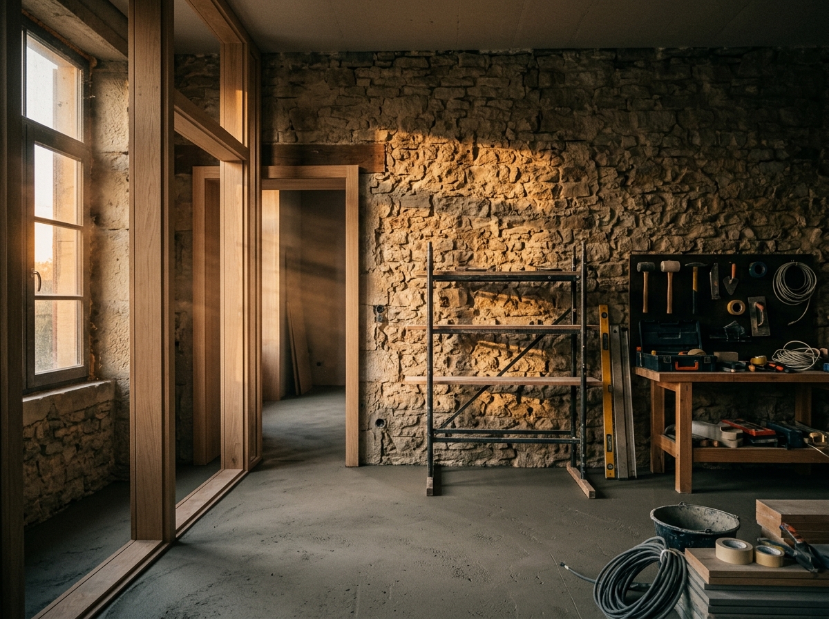 Maison luxembourgeoise en cours de rénovation complète avec mur en pierre apparente mis au jour